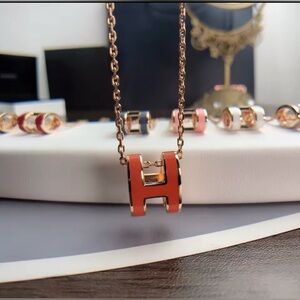 18K Gold Orange Enameled Minimalist Letter H Shaped Pendant Necklace
